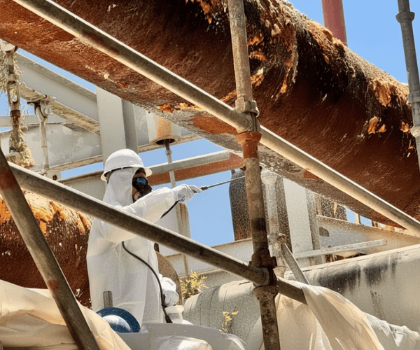 Bagged asbestos-containing materials staged for secure removal and compliant disposal during an abatement project.