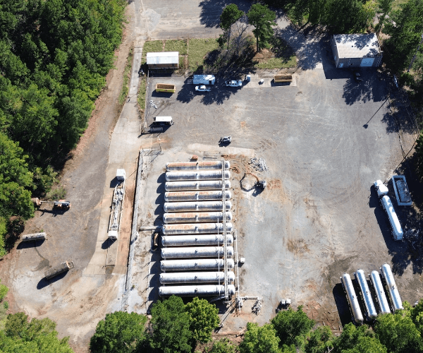 Overhead view of industrial equipment arranged for dismantling and responsible material processing.