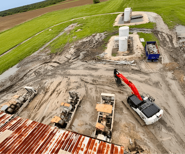 Aerial view of industrial dismantling and decommissioning work using heavy equipment to remove and recover site infrastructure.